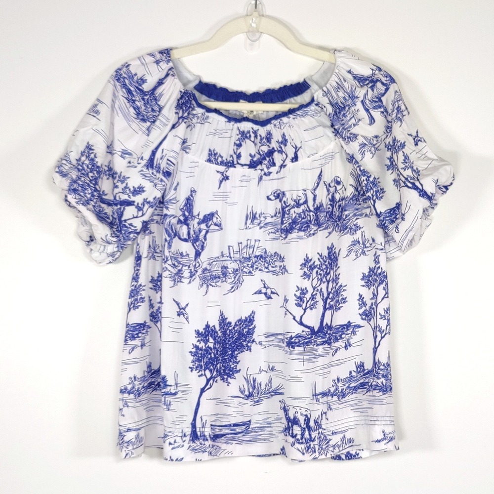 UMGEE Rayon Toile Puff Sleeve Peasant Blouse Blue White Equestrian K8453 Small